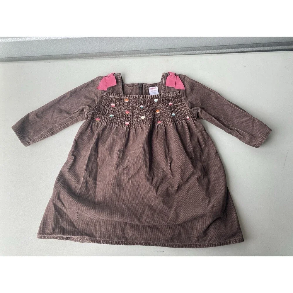 Gymboree Vintage 2007 Girls Brown Corduroy Smocked Cupcake Dress 18-24 Mos